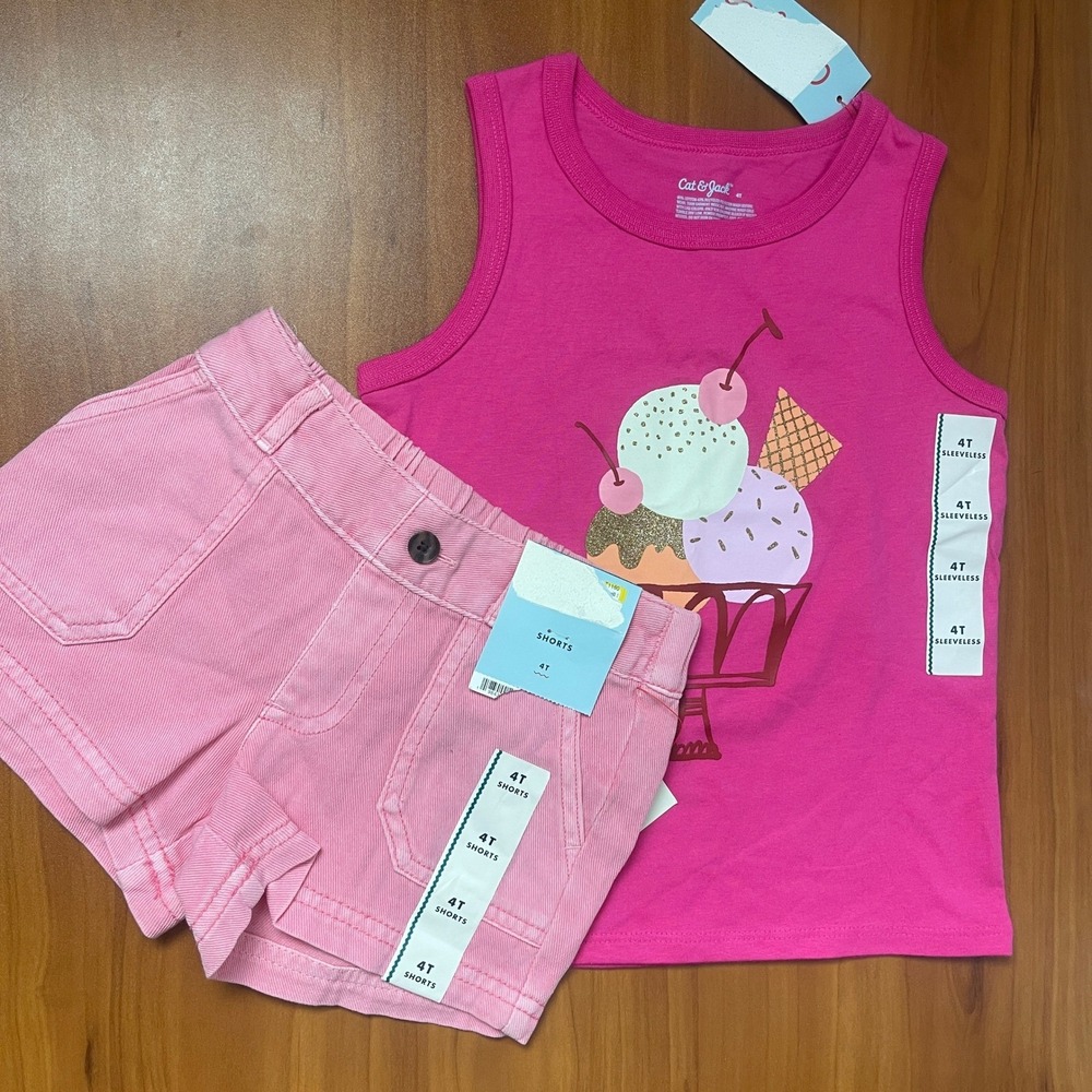 Cat & Jack Girls 4T Pink Ice Cream Summer Tank Top & Shorts Outfit Set NWT